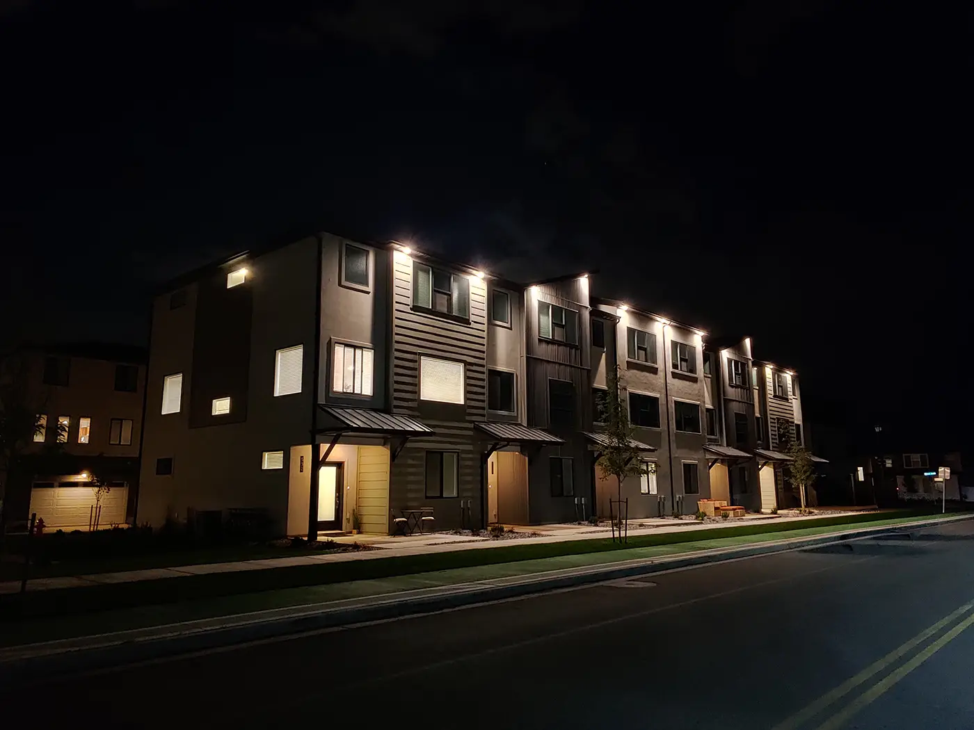 Exterior lighting installed for a multi family housing community in Utah by Camson Electric